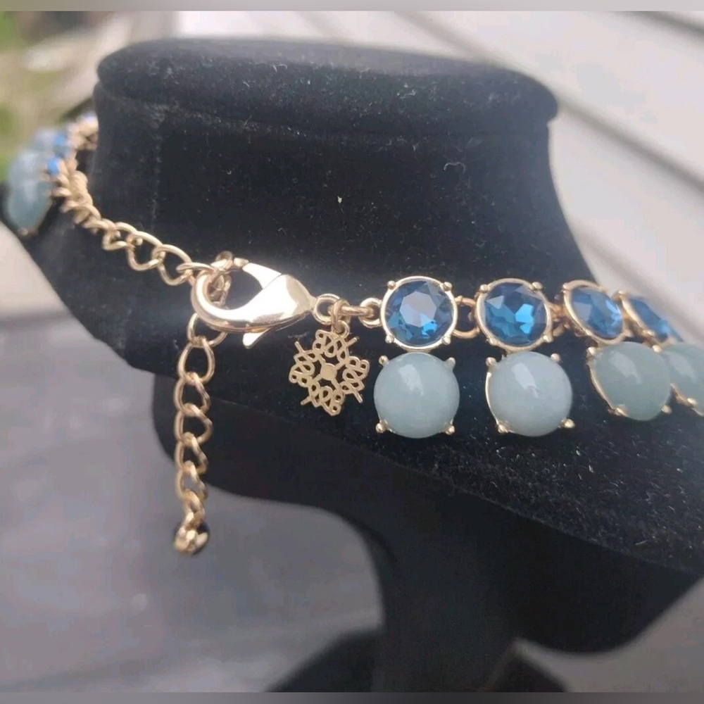 WHBM Gold Blue Double Row Statement Necklace | Genuine Jade & Glass Beads - Picture 5 of 6